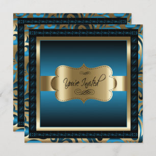 90th Birthday Party Gold & Metallic Blue Invitation