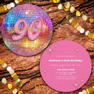 90th Birthday Party Gold Pink Glitter Disco Ball Invitation