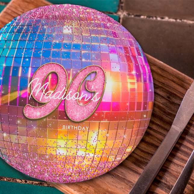 90th Birthday Party Gold Pink Glitter Disco Ball Paper Plate (Creator Uploaded)