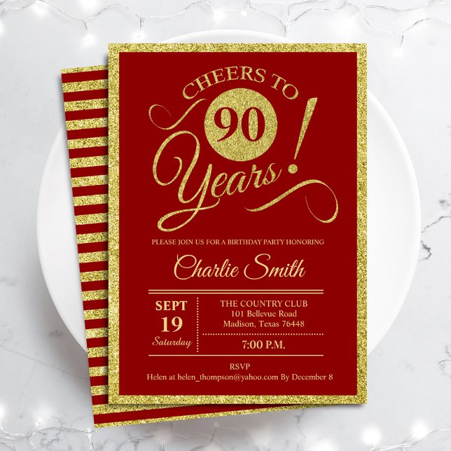 90th Birthday Party - Gold Red ANY AGE Invitation (Creator Uploaded)