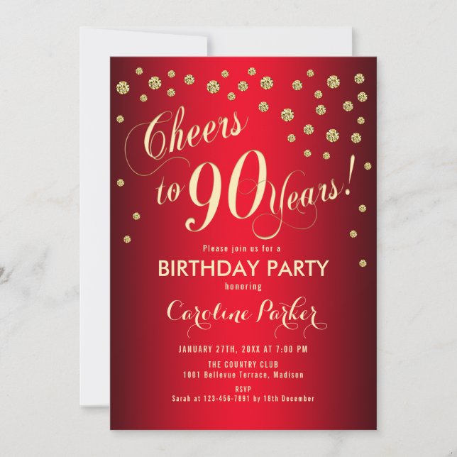 90th Birthday Party - Gold Red Invitation (Front)