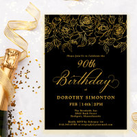 90th Birthday Party Gold Rose Floral Black