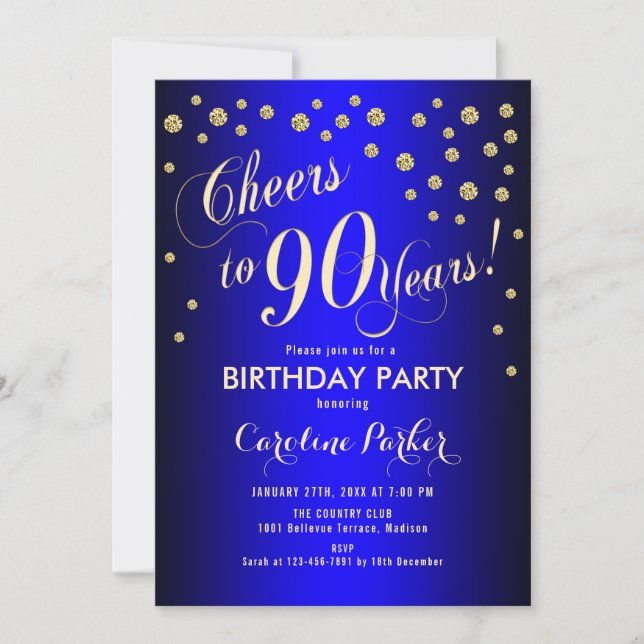 90th Birthday Party - Gold Royal Blue Invitation (Front)