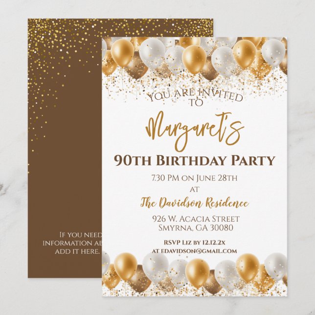 90th Birthday Party Gold Silver Balloons Invitation (Front/Back)