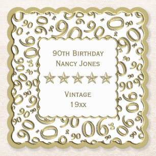 90th Birthday Party Gold/White Pattern Theme Paper Coaster