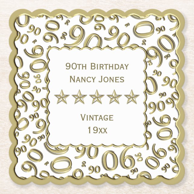 90th Birthday Party Gold/White Pattern Theme Paper Coaster (Front)