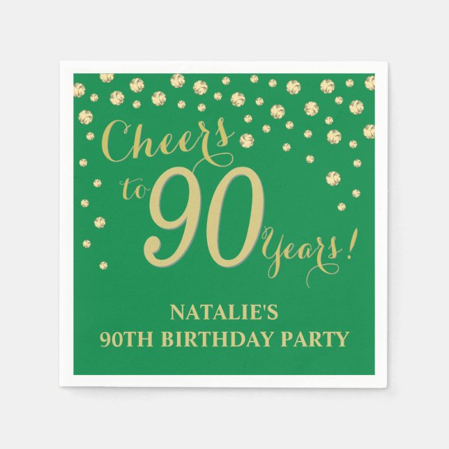 90th Birthday Party Green and Gold Diamond Napkins (Front)