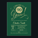 90th Birthday Party - Green Gold Invitation<br><div class="desc">90th Birthday Party Invitation in dark emerald forest green with faux glitter gold pattern. Features trendy typography script font. Simple modern design,  perfect for an elegant party. Cheers to 90 years! Can be personalized into any age! Please message me if you need further customization.</div>
