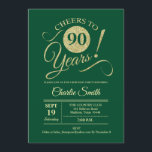 90th Birthday Party - Green Gold Invitation<br><div class="desc">90th Birthday Party Invitation in dark emerald forest green with faux glitter gold pattern. Features trendy typography script font. Simple modern design,  perfect for an elegant party. Cheers to 90 years! Can be personalized into any age! Please message me if you need further customization.</div>