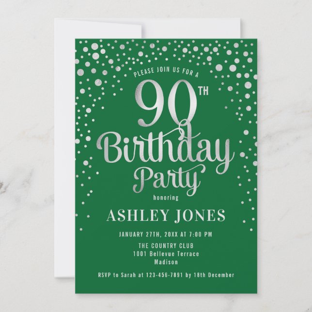 90th Birthday Party - Green & Silver Invitation (Front)