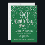 90th Birthday Party - Green & Silver Invitation<br><div class="desc">90th Birthday Party Invitation.
Elegant design in emerald forest green and faux glitter silver. Features stylish script font and confetti. Message me if you need custom age.</div>