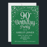 90th Birthday Party - Green & Silver Invitation<br><div class="desc">90th Birthday Party Invitation.
Elegant design in emerald forest green and faux glitter silver. Features stylish script font and confetti. Message me if you need custom age.</div>