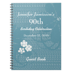 90th Birthday Party Guest Book Blue, White Floral
