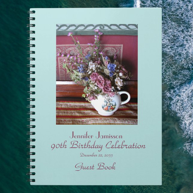 90th Birthday Party Guest Book, Vintage Teapot Notebook (Creator Uploaded)
