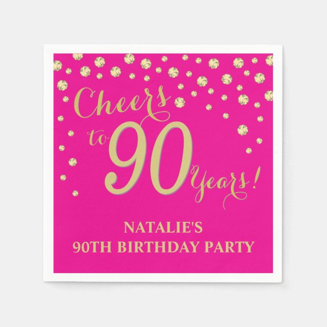 90th Birthday Party Hot Pink and Gold Diamond Napkin (Front)