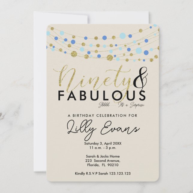 90th birthday party invitation, blue and gold invitation (Front)