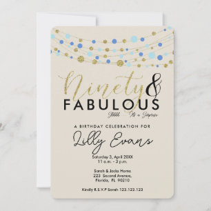 90th birthday party invitation, blue and gold invitation