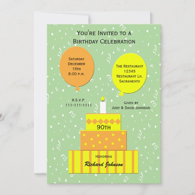 90th Birthday Party Invitation Fun 90th Cake (Front)