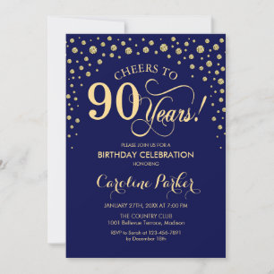 90th Birthday Party Invitation - Gold Navy Blue