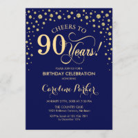 90th Birthday Party Invitation - Gold Navy Blue