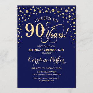 90th Birthday Party Invitation - Gold Navy Blue