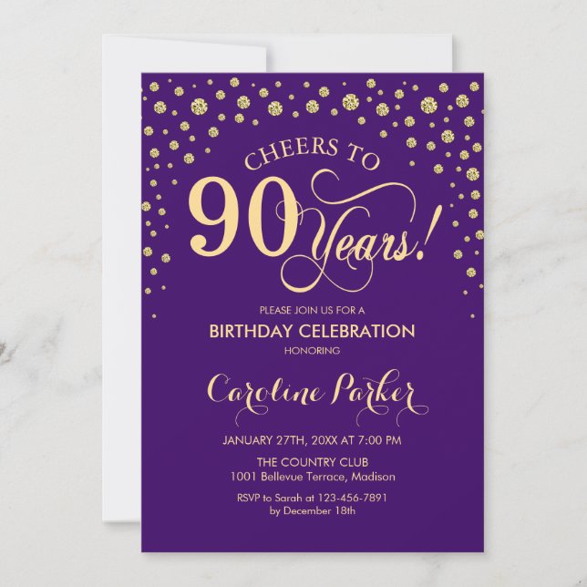 90th Birthday Party Invitation - Gold Purple (Front)