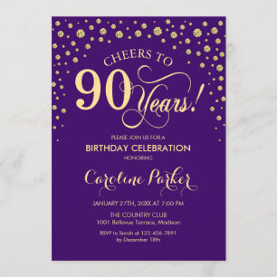 90th Birthday Party Invitation - Gold Purple