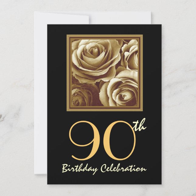 90th Birthday Party Invitation Gold Rose Bouquet (Front)
