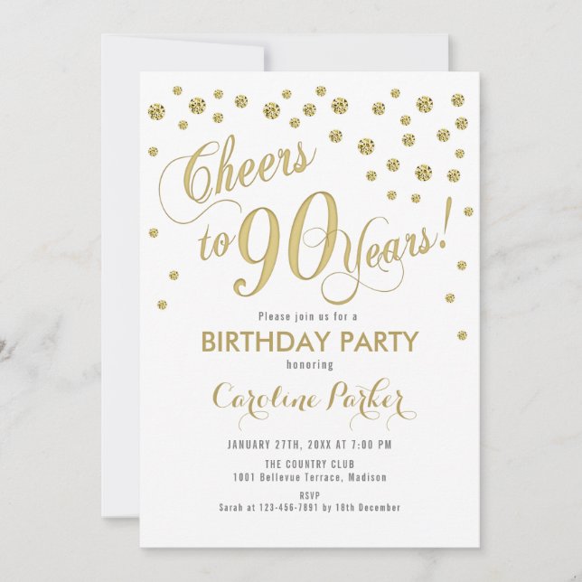 90th Birthday Party Invitation - Gold White (Front)