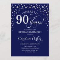 90th Birthday Party Invitation - Silver Navy Blue
