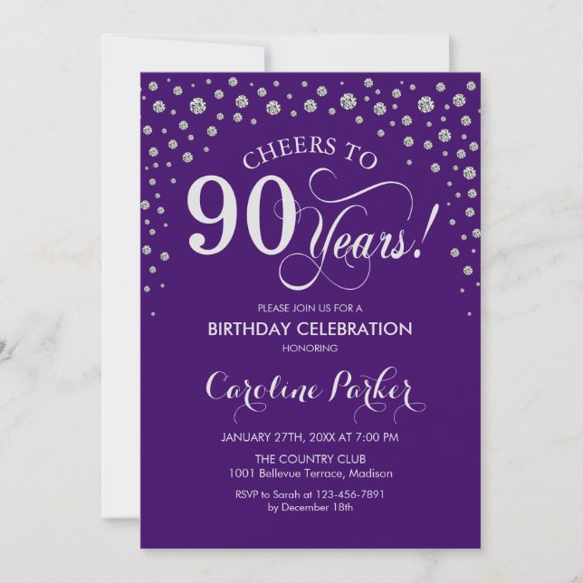 90th Birthday Party Invitation - Silver Purple (Front)
