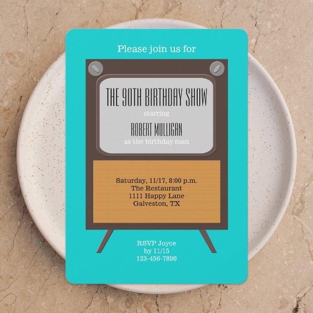 90th Birthday Party Invitation TV on Blue (Creator Uploaded)