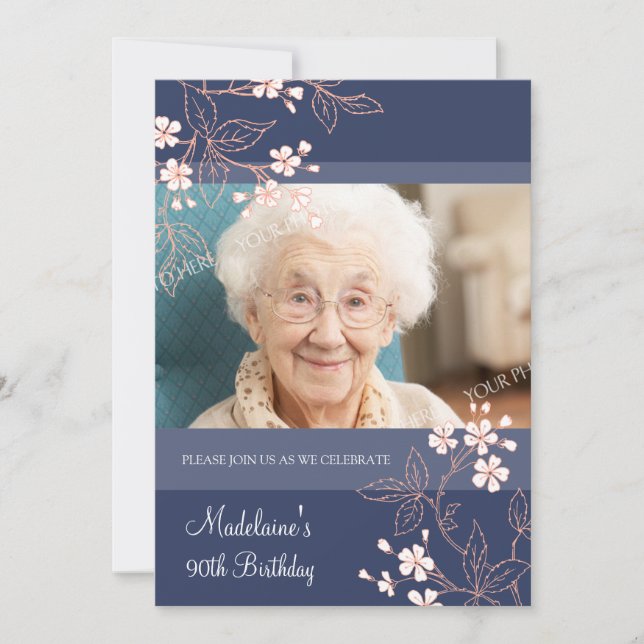 90th BIrthday Party Invitations Blue Coral Flowers (Front)
