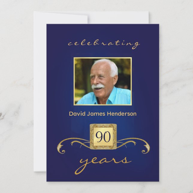 90th Birthday Party Invitations - Blue Monogram (Front)
