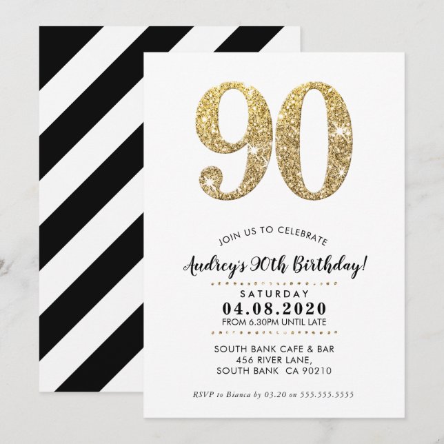 90TH BIRTHDAY PARTY INVITE modern gold glitter (Front/Back)