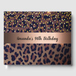90th Birthday Party leopard print Guest Book<br><div class="desc">Elegant,  glamourous and feminine for a 90th birthday party with brown,  golden and black leopard print,  decorated with golden confetti. Template for a name and age 90. A faux bronze metallic looking band. Black hand lettered style script,  letters.
Spine: add your own text.</div>