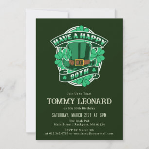 90th Birthday Party Leprechaun Hat Shamrock Irish Invitation