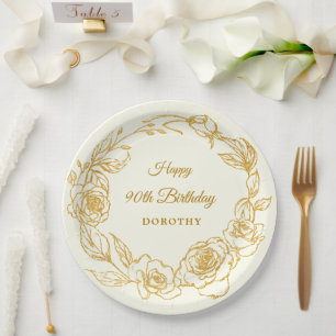 90th Birthday Party Luxe Gold Rose Floral Ivory Paper Plate