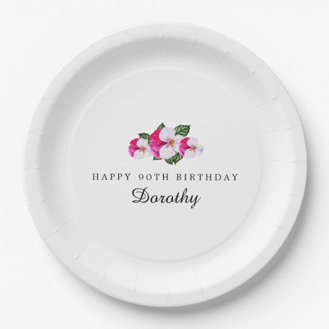 90th Birthday Party Magenta Pink White Custom Paper Plate (Front)