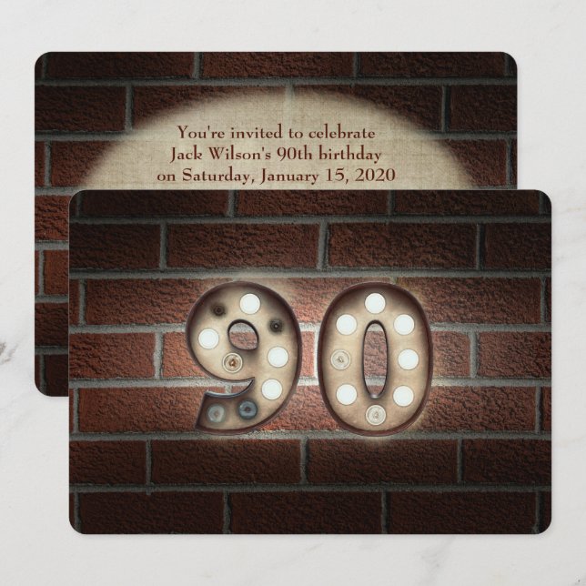 90th Birthday Party-marquee lights on brick Invitation (Front/Back)