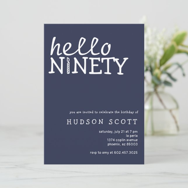  90th Birthday Party Mens Hello Ninety Navy Blue Invitation (Standing Front)