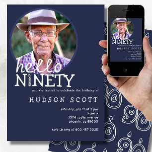 90th Birthday Party Mens Photo Ninety Navy Blue Invitation