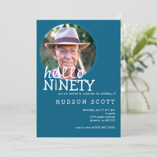 90th Birthday Party Mens Photo Ninety Ocean Blue Invitation