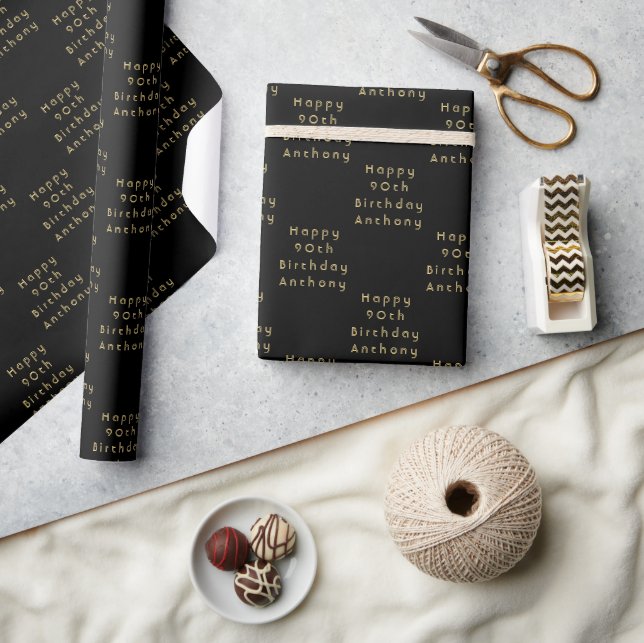 90th Birthday Party Name Black Modern Pattern Wrapping Paper (Crafts)