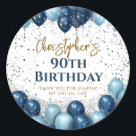 90th Birthday Party Navy Balloons Classic Round Sticker<br><div class="desc">A gorgeous 90th birthday party or celebration favour sticker. This fabulous gold and royal blue balloons design is the perfect  way to decorate your favour bags for a 90th celebration or ninetieth party.</div>