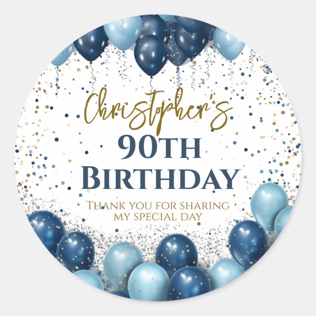 90th Birthday Party Navy Balloons Classic Round Sticker (Front)