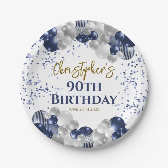 90th Birthday Party Navy Balloons Paper Plate (Front)