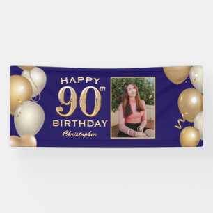 90th Birthday Party Navy Blue and Gold Balloons Banner