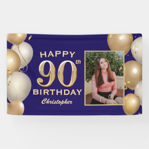90th Birthday Party Navy Blue and Gold Balloons Banner