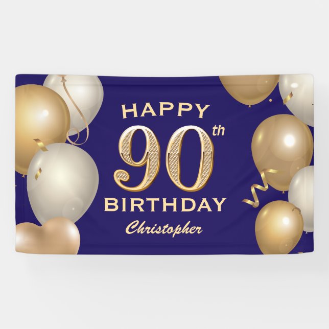 90th Birthday Party Navy Blue and Gold Balloons Banner (Horizontal)
